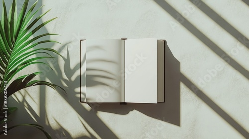 Open Book Against Wall with Green Plant Shadows for Relaxing Reading Atmosphere and Interior Decoration