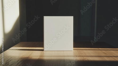 Minimalist White Box on Wooden Table with Natural Light and Shadow Play in Contemporary Interior Setting