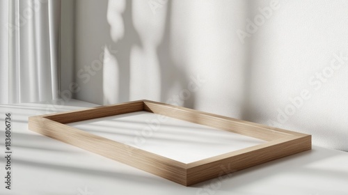 Minimalist Wooden Frame on Table with Soft Natural Light and Shadow Play