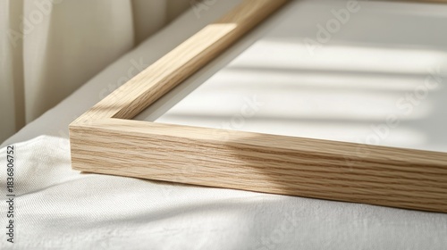 Wooden Frame with Minimalist Design on White Canvas Surrounded by Soft Drapery and Natural Light Shadows