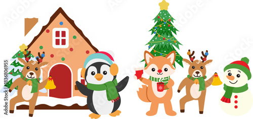 A cute Christmas character set featuring gingerbread house, penguin, fox, reindeer, snowman, and decorated Christmas tree for festive winter holiday illustration design.