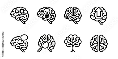 Human Brain Icon Collection in Solid and Outline Style on White Background