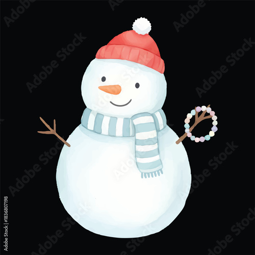 Cute snowman threading beads, watercolor vector winter illustration, isolated on transparent background
