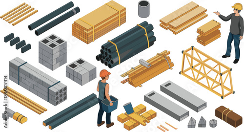 Isometric construction materials illustration, workers handling steel and lumber, industrial building supplies, detailed warehouse inventory graphic for engineering and architecture