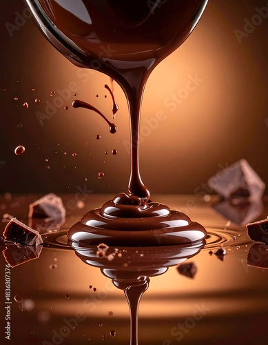 Liquid dark chocolate being poured, creating swirls and capturing a moment of deliciousness