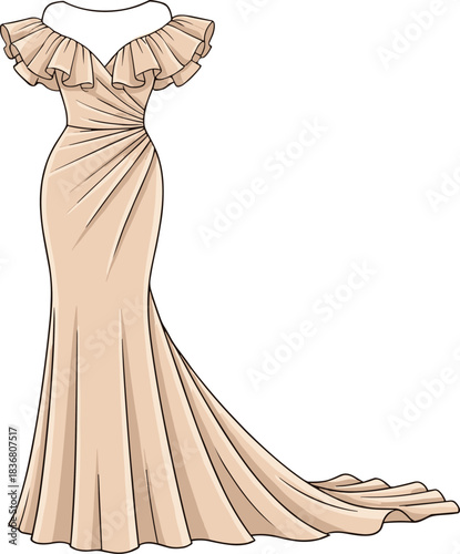 Elegant off-shoulder beige evening gown with ruffled neckline and flowing train, fashion design vector illustration for formal style and couture