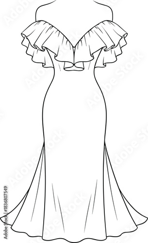 Elegant off-shoulder evening gown with ruffled neckline and flowing skirt, fashion design vector illustration for garment construction and style content