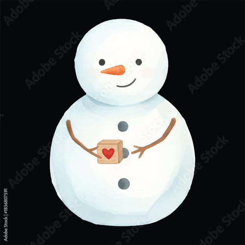 Cute snowman playing with toy blocks, watercolor vector winter illustration, isolated on transparent background
