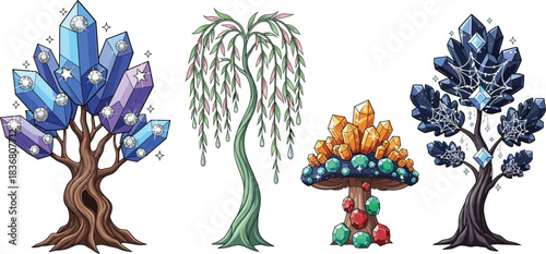 Fantasy crystal tree illustration with gemstones, shining diamonds, magical nature, colorful mineral art, enchanted forest concept, sparkling jewel fantasy design