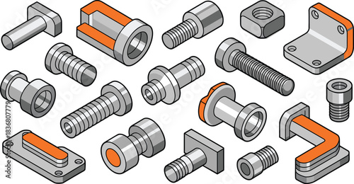 Isometric mechanical parts illustration, industrial components and hardware elements, precision engineering pieces, bolts, plates, fasteners, detailed technical design set