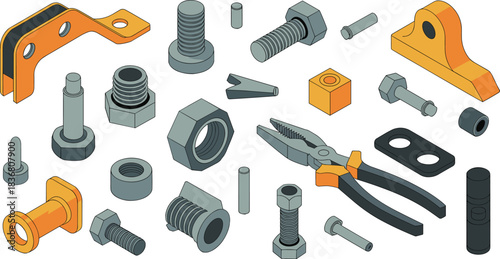 Isometric mechanical tools and hardware illustration featuring pliers, bolts, nuts, industrial components, precision parts set for engineering and manufacturing