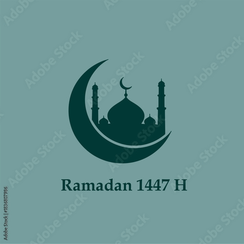 Minimalist design commemorating Ramadan 1447 H with a teal mosque silhouette and crescent moon on a muted background.