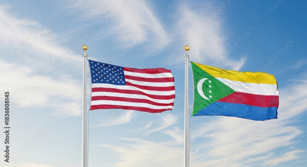 Fototapeta premium United states and comoros flags waving together