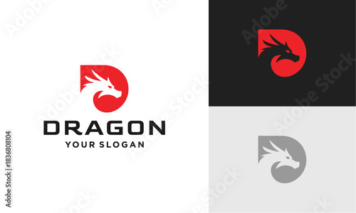 Modern logo design featuring a stylized dragon head integrated into the letter D, presented in red, black, and grey color variations for branding.