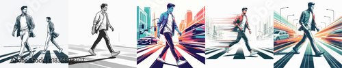 VECTOR OF A MAN CROSSING THE ROAD WITH A WHITE BACKGROUND