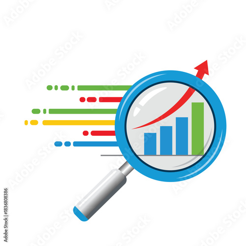 Magnifying glass examining a rising bar chart with colorful data streams indicating business growth analysis and successful financial performance