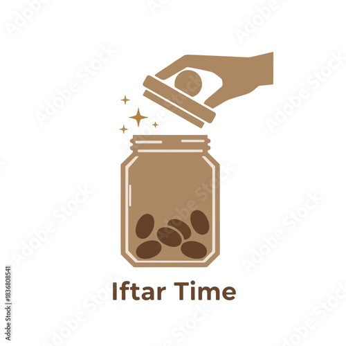 Icon depicting a hand dropping dates (kurma) into a jar, representing "Iftar Time," on a transparent background.