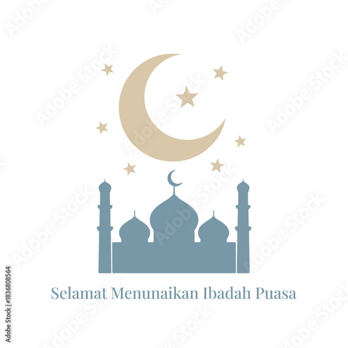 Simple illustration for "Selamat Menunaikan Ibadah Puasa" (Happy Fasting) with a mosque silhouette and crescent moon.