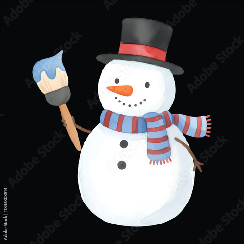 Cute snowman painting with a brush, watercolor vector winter illustration, isolated on transparent background
