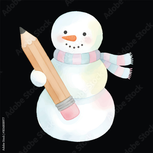 Cute snowman drawing with a big pencil, watercolor vector winter illustration, isolated on transparent background
