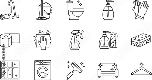 Cleaning and Household Icon Set: Vacuum, Toilet, Detergent, Mop, Sponge, Window, Laundry, Washing, Sofa, Hygiene, Sanitation, and Domestic Chores Line Art.