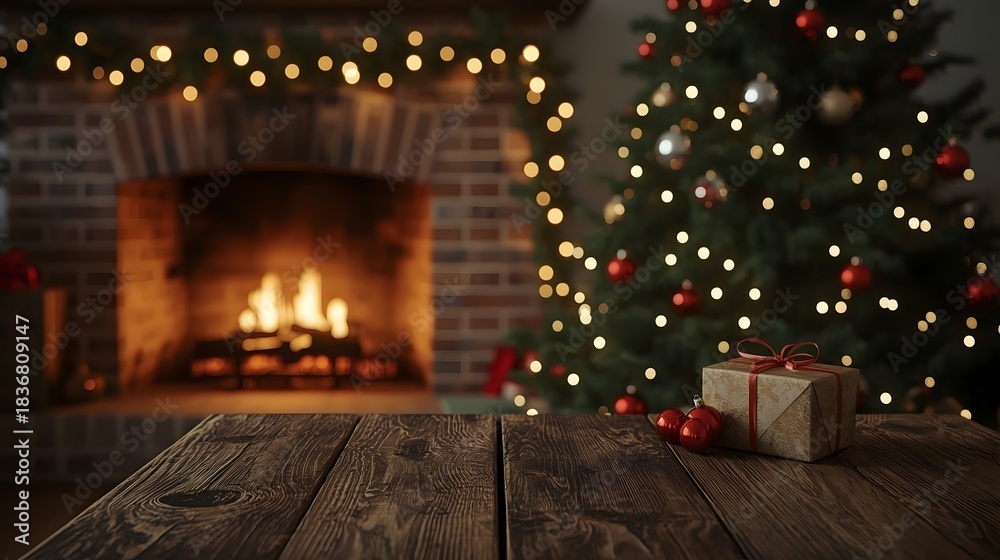 Fototapeta premium Cozy Christmas Scene with Fireplace, Decorated Tree, and Gift on Rustic Wooden Table
