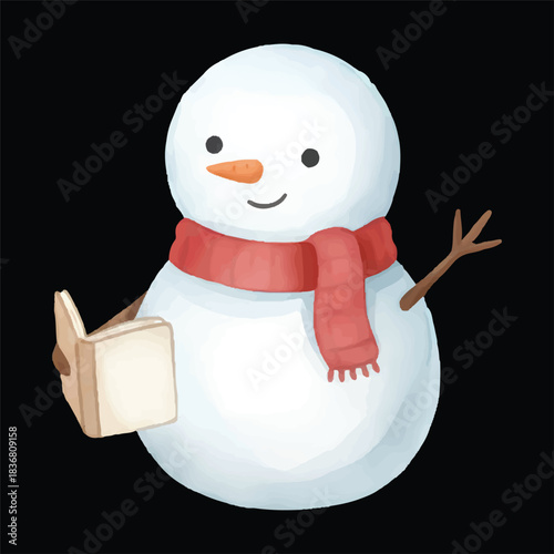 Cute snowman writing in a journal, watercolor vector winter illustration, isolated on transparent background
