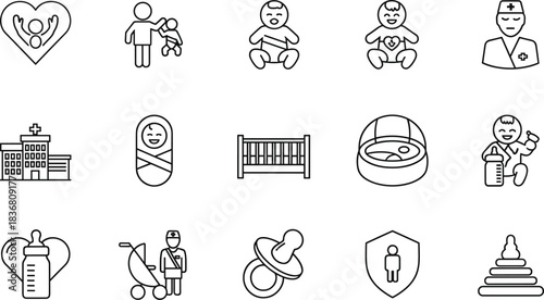 Maternity and Neonatal Care Icon Set: Pregnancy, Baby, Newborn, Pediatric Medicine, Hospital, Doctor, Crib, Pacifier, Healthcare, Safety, and Family Protection Line Art.