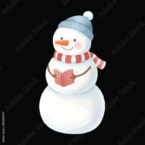 Cute snowman reading a book, watercolor vector winter illustration, isolated on transparent background

