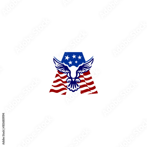A clean emblem of an eagle blended with the USA flag forming a unique alphabet letter, ideal for logos, patches, and patriotic branding projects.