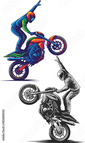 Motorcycle stunt riders performing dangerous tricks on powerful bikes, extreme sports illustration showing balance, freestyle, adrenaline, speed, skill, and action.