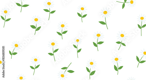 A fresh and simple seamless pattern of scattered white daisy flowers with green stems and leaves on a clean white background.