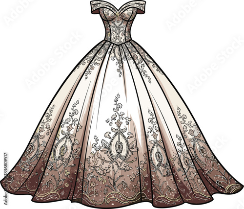 Off-Shoulder Ball Gown Vector with Floral Embroidery, Sweetheart Neckline, Cream Brown Gradient for Bridal, Fashion, and Formal Wear Themes