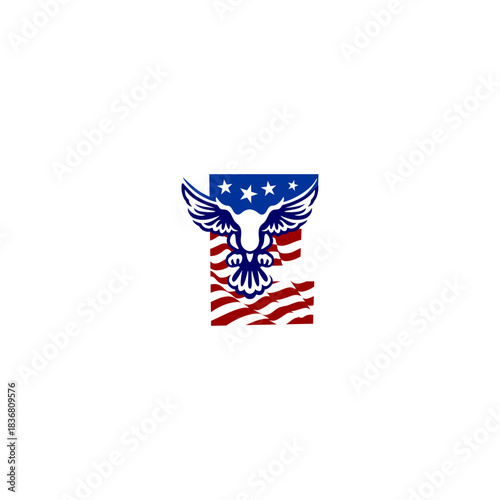 A clean emblem of an eagle blended with the USA flag forming a unique alphabet letter, ideal for logos, patches, and patriotic branding projects.