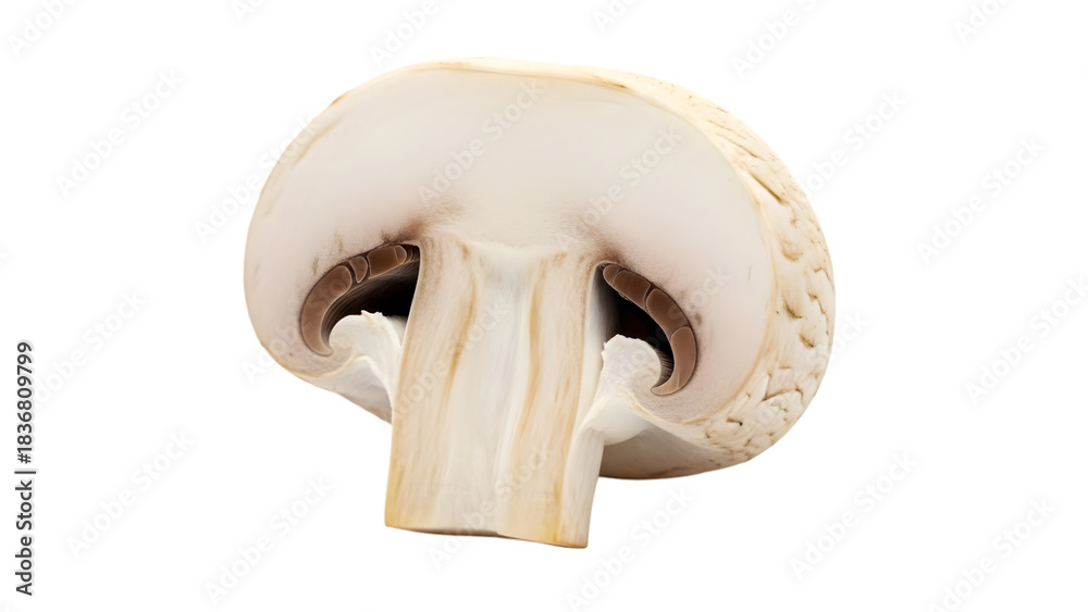 Fototapeta premium Single white button mushroom cut in half isolated on transparent background