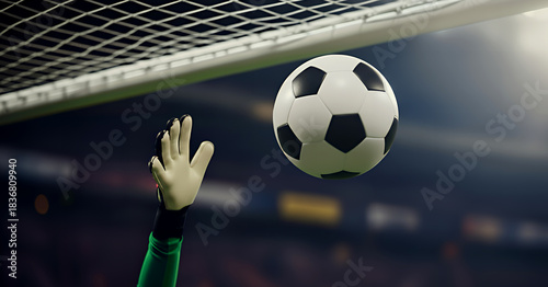 A close up of a soccer ball nearing the goalpost as gloved hands reach to stop it, with soft blur on the keeper and a faint backdrop emphasizing motion and tension.
