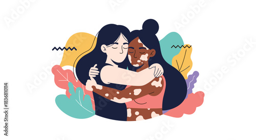 Two diverse women sharing a tender hug, promoting friendship, self-love, and body positivity with one character having vitiligo.