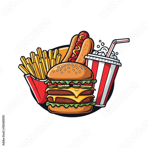 Cartoon illustration of a fast food meal with burger, hot dog, fries, and soda