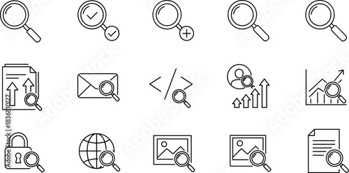 Search Engine Optimization, Data Analysis, and Security Icon Set: Magnifying Glass, Code, Email, Global Network, and Document Outline Vector Collection