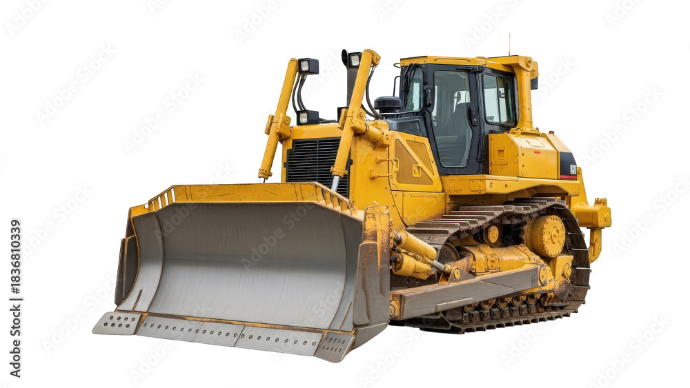 Obraz premium Heavy duty yellow track-type bulldozer with large front blade isolated on transparent background