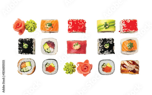 Assortment of colorful sushi rolls with ginger and wasabi