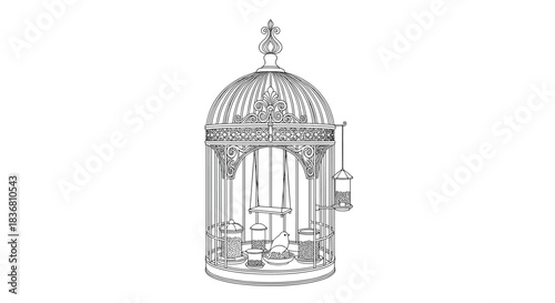 A detailed and ornate black and white line art drawing of a vintage birdcage, featuring intricate architectural and decorative details.