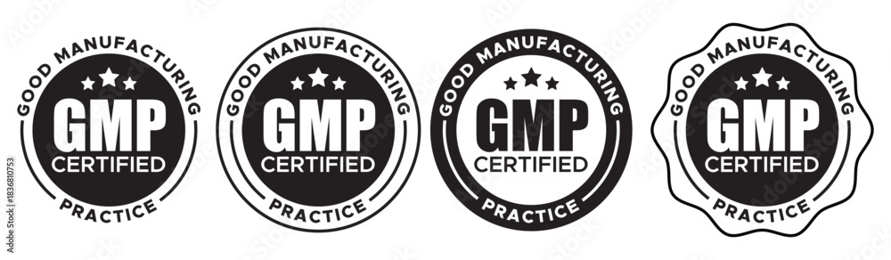 Fototapeta premium GMP Certified Green Stamp Icons – Good Manufacturing Practice Circular Seal Set