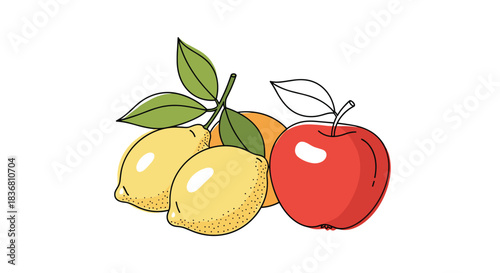 A simple and fresh illustration of assorted fruits, including two lemons, an orange, and a red apple with green leaves attached.