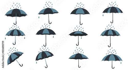 An animated sprite sheet or sequence showing a blue umbrella opening and closing while rain falls, perfect for animation or games.