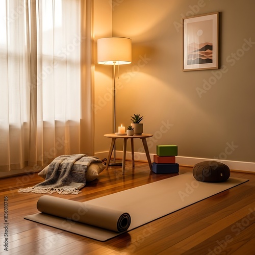Cozy Home Yoga Studio with Warm Lighting and Meditation Essentials.