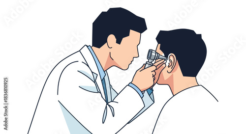 Doctor Examining Patients Ear with Otoscope During Medical Check-up.