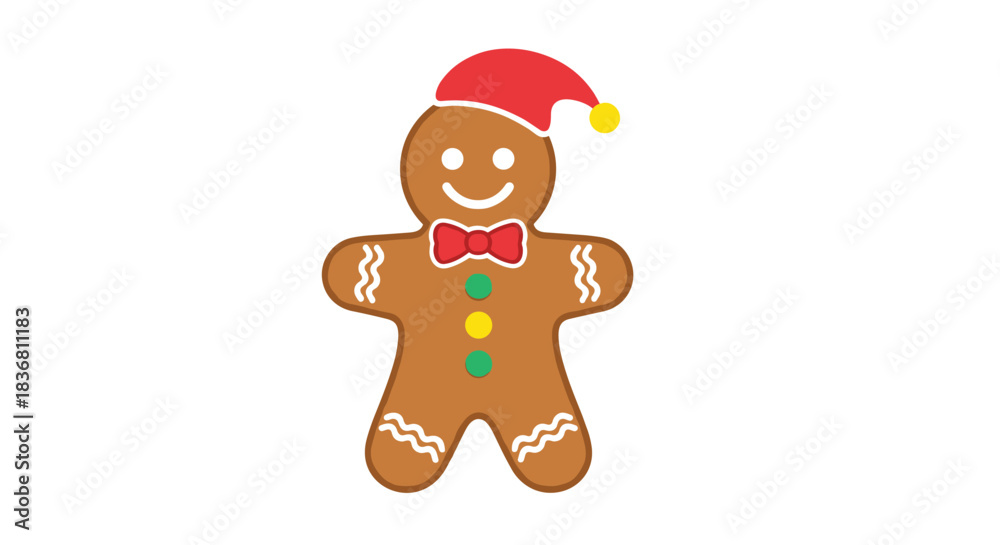 Obraz premium A cute and cheerful gingerbread man cookie wearing a red Santa hat and a red bow tie for the Christmas holiday season.