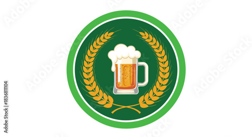 A fresh glass mug of frothy light beer is featured in a green circular emblem framed by a golden wreath of wheat ears.