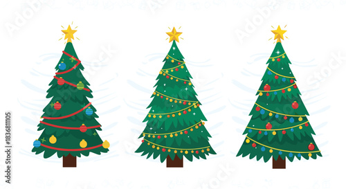 A collection of three beautifully decorated cartoon Christmas trees with colorful ornaments lights garlands and a golden star on top.